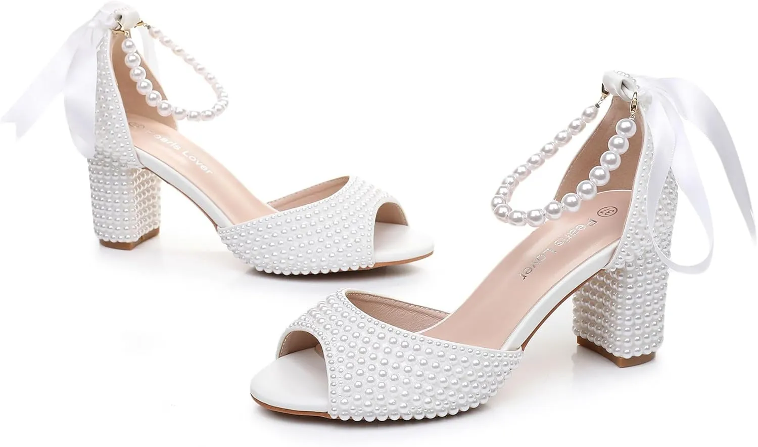 3 Inches Women Open Toe Sandals Square High Heels Banquet White Pearl Ribbon Dress Wedding Shoes