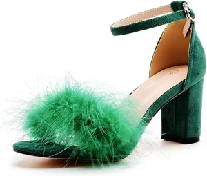 3 Inches Women's Ankle Strap Fluffy Feather Ankle Strap Block Heels Sandals Open Toe Party Evening High Heel Pump Shoes