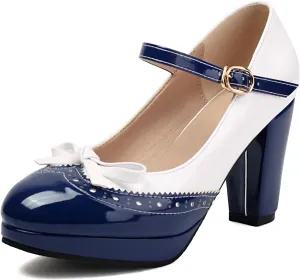 AIMODOR Mary Jane Heels for Women Platform High Lolita Heels Sweet Bow Round Toe Pumps Rockabilly Oxford Mary Jane Pumps Ankle Strap Cosplay Shoes Kawaii Dress Shoes