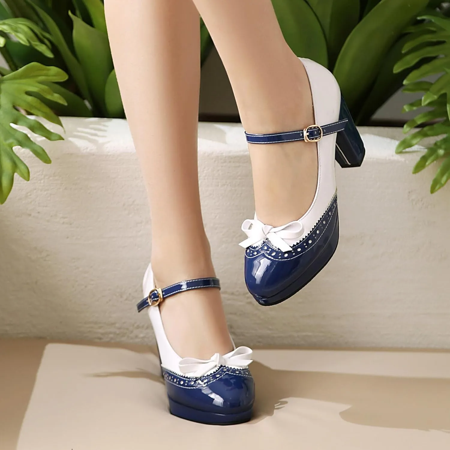AIMODOR Mary Jane Heels for Women Platform High Lolita Heels Sweet Bow Round Toe Pumps Rockabilly Oxford Mary Jane Pumps Ankle Strap Cosplay Shoes Kawaii Dress Shoes