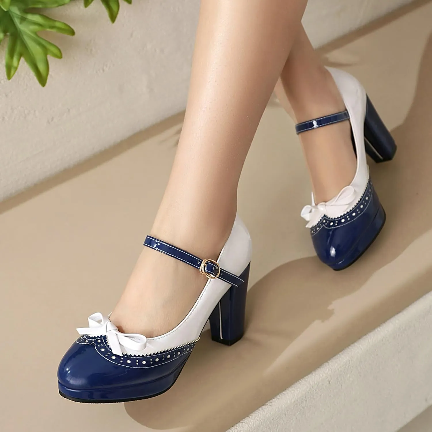 AIMODOR Mary Jane Heels for Women Platform High Lolita Heels Sweet Bow Round Toe Pumps Rockabilly Oxford Mary Jane Pumps Ankle Strap Cosplay Shoes Kawaii Dress Shoes