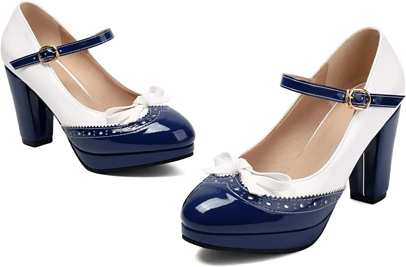 AIMODOR Mary Jane Heels for Women Platform High Lolita Heels Sweet Bow Round Toe Pumps Rockabilly Oxford Mary Jane Pumps Ankle Strap Cosplay Shoes Kawaii Dress Shoes