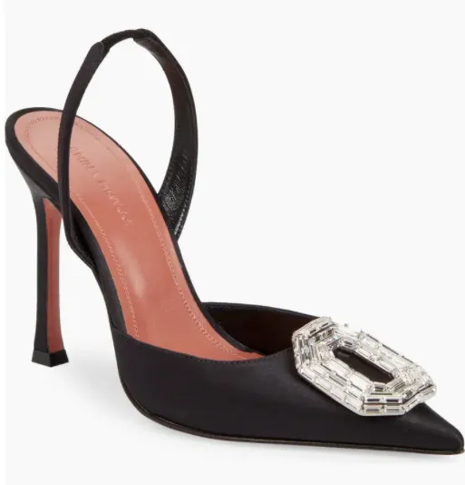 Amina Muaddi Camelia Crystal Buckle Satin Slingback Pump