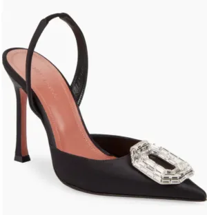 Amina Muaddi Camelia Crystal Buckle Satin Slingback Pump