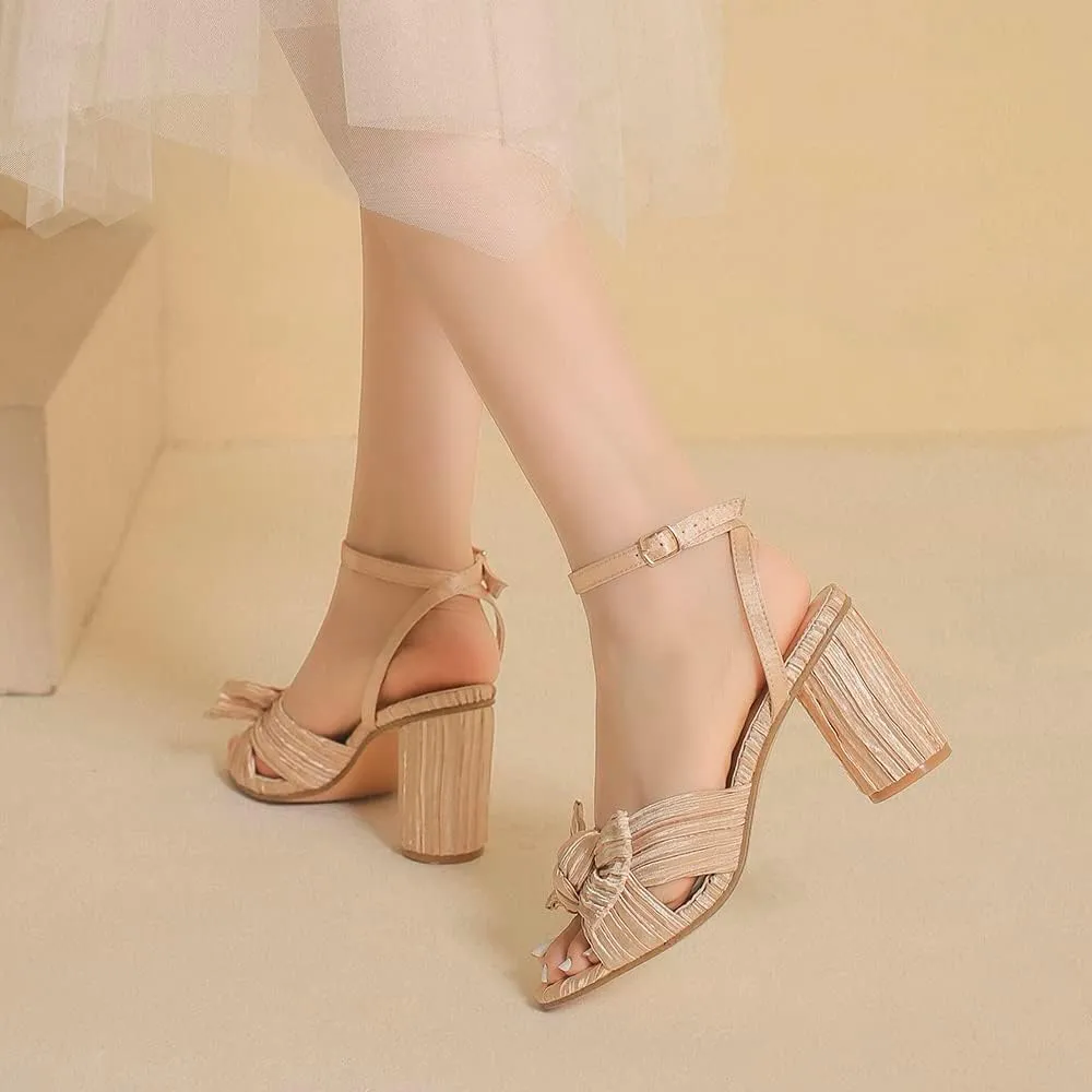 Amoji Women's Satin Block Heeled 3 Inch-4 Inch Sandal Bowknot Pleated Ankle Strap for Wedding Party Dress Shoes 302