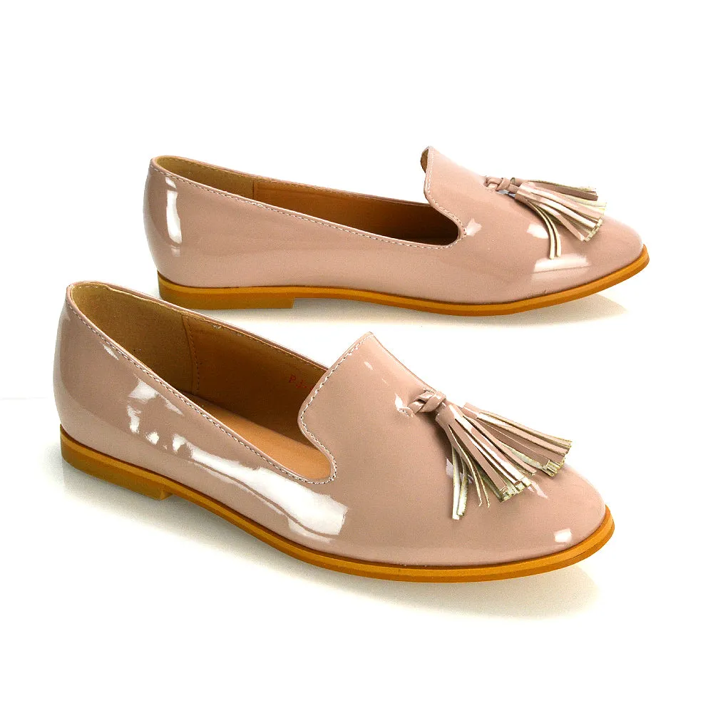 Betsy Slip on Pointed Toe Flat Tassel Detail Loafer Smart Shoes in Black PU