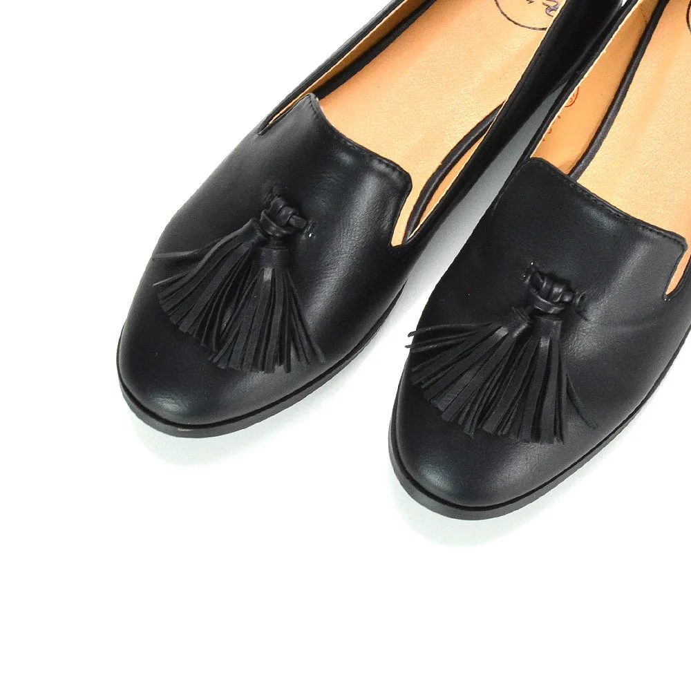 Betsy Slip on Pointed Toe Flat Tassel Detail Loafer Smart Shoes in Black PU