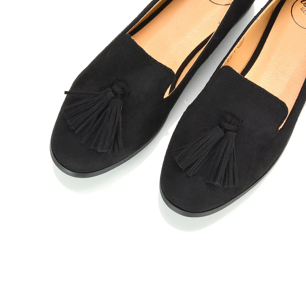 Betsy Slip on Pointed Toe Flat Tassel Detail Loafer Smart Shoes in Black PU