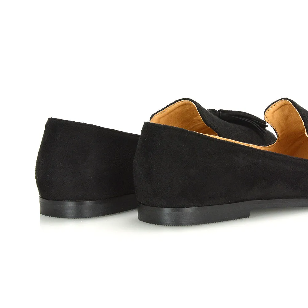 Betsy Slip on Pointed Toe Flat Tassel Detail Loafer Smart Shoes in Black PU