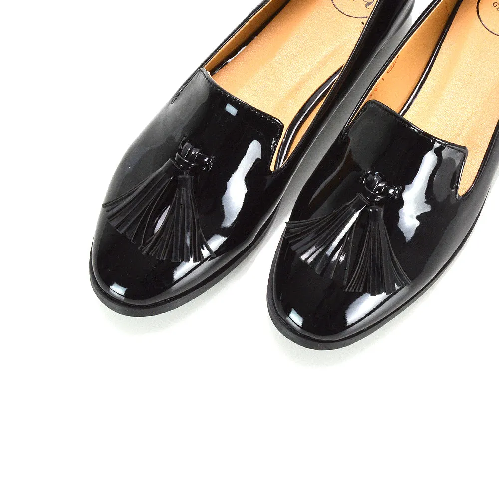 Betsy Slip on Pointed Toe Flat Tassel Detail Loafer Smart Shoes in Black PU