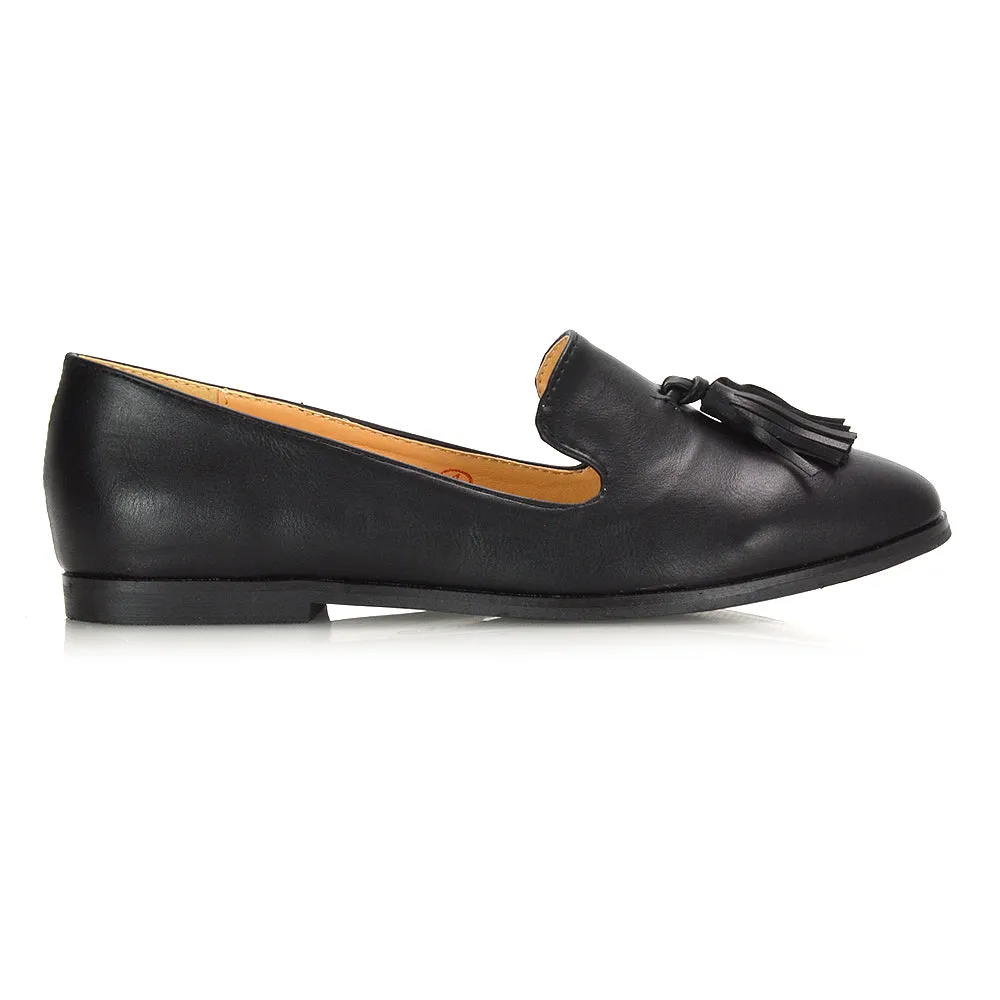 Betsy Slip on Pointed Toe Flat Tassel Detail Loafer Smart Shoes in Black PU