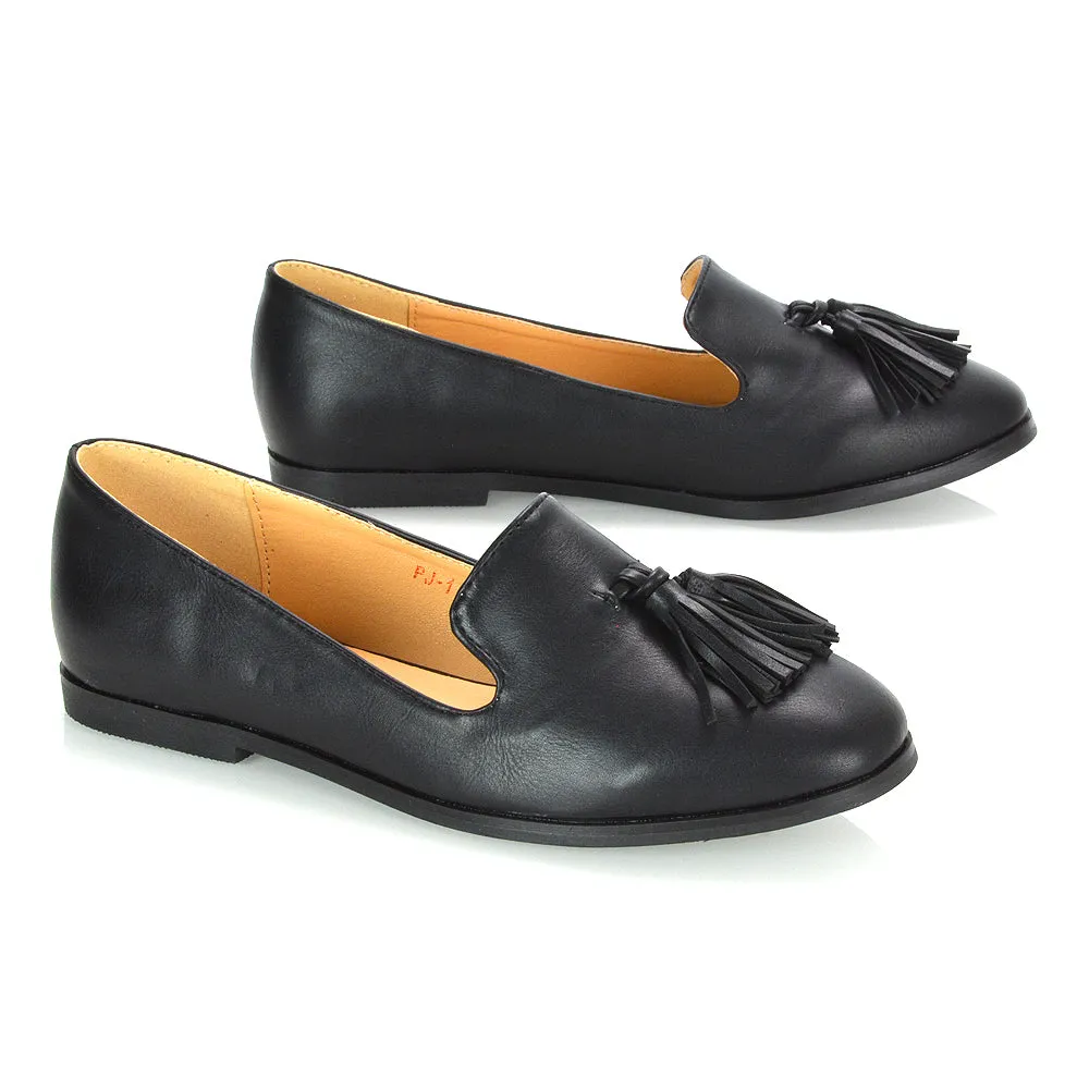 Betsy Slip on Pointed Toe Flat Tassel Detail Loafer Smart Shoes in Black PU