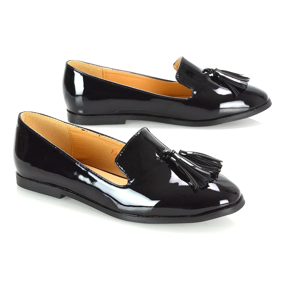 Betsy Slip on Pointed Toe Flat Tassel Detail Loafer Smart Shoes in Black PU
