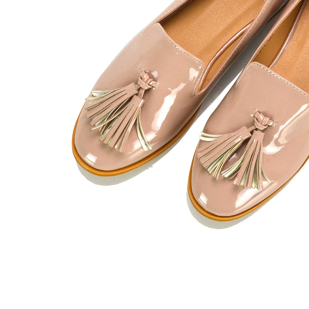 Betsy Slip on Pointed Toe Flat Tassel Detail Loafer Smart Shoes in Black PU