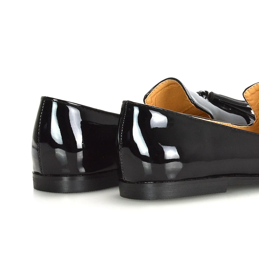 Betsy Slip on Pointed Toe Flat Tassel Detail Loafer Smart Shoes in Black PU