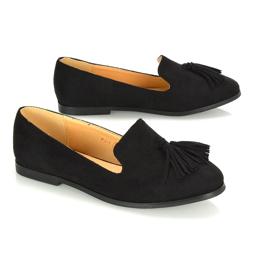 Betsy Slip on Pointed Toe Flat Tassel Detail Loafer Smart Shoes in Black PU