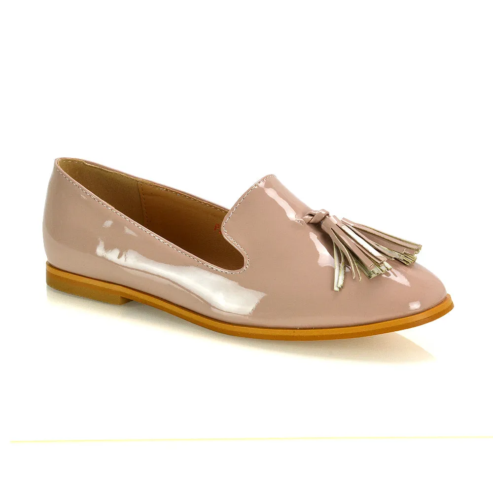 Betsy Slip on Pointed Toe Flat Tassel Detail Loafer Smart Shoes in Black PU