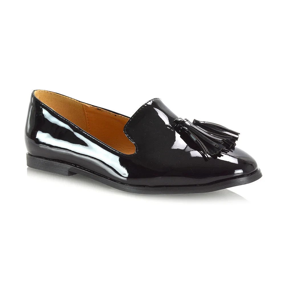 Betsy Slip on Pointed Toe Flat Tassel Detail Loafer Smart Shoes in Black PU