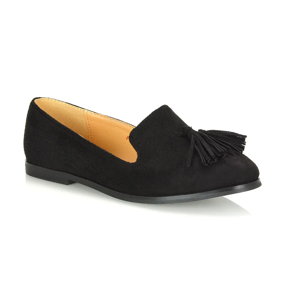 Betsy Slip on Pointed Toe Flat Tassel Detail Loafer Smart Shoes in Black PU