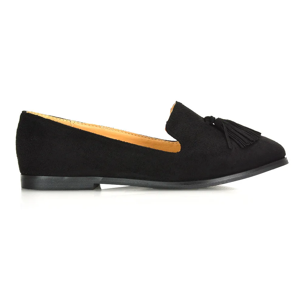 Betsy Slip on Pointed Toe Flat Tassel Detail Loafer Smart Shoes in Black PU