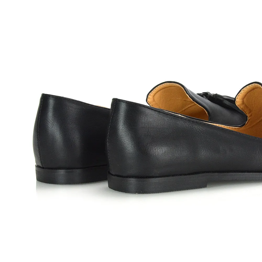 Betsy Slip on Pointed Toe Flat Tassel Detail Loafer Smart Shoes in Black PU
