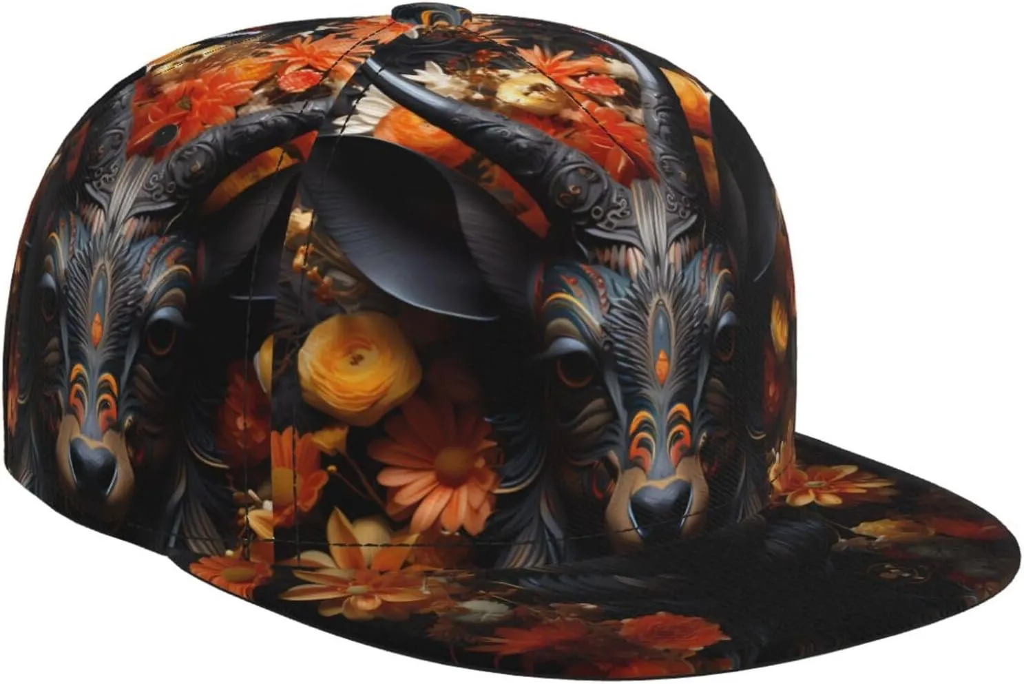Black Antelope with Flowers Outdoor Sports Baseball Cap, Daily Sports Adjustable Fashionable Flat Brim hat, Unisex Four-Season Outdoor Sports Cap,