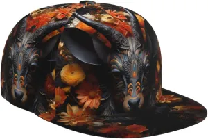 Black Antelope with Flowers Outdoor Sports Baseball Cap, Daily Sports Adjustable Fashionable Flat Brim hat, Unisex Four-Season Outdoor Sports Cap,