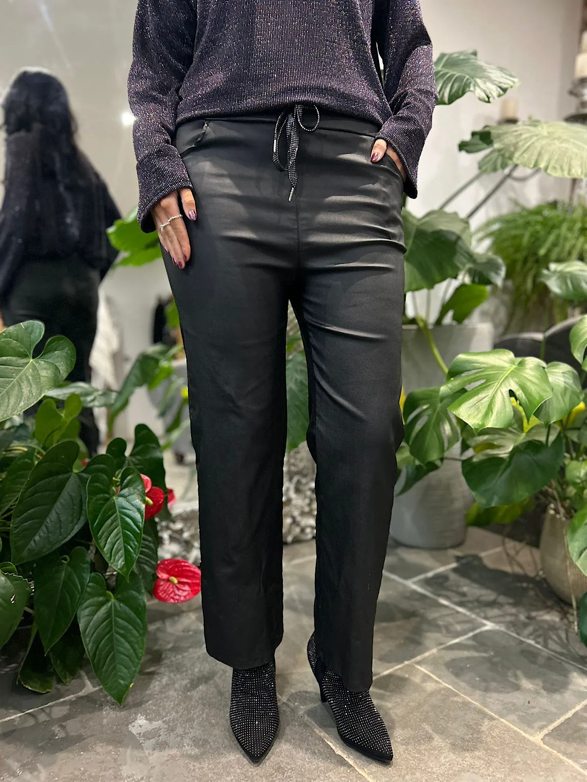 Black Wide Leg Drawstring Pleather Trousers
