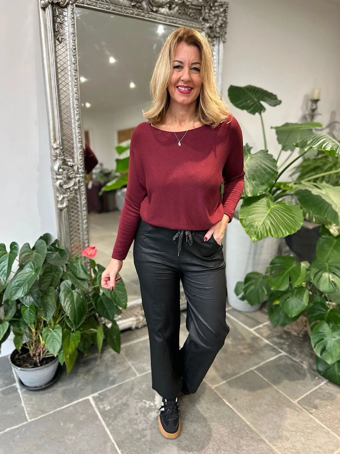 Black Wide Leg Drawstring Pleather Trousers