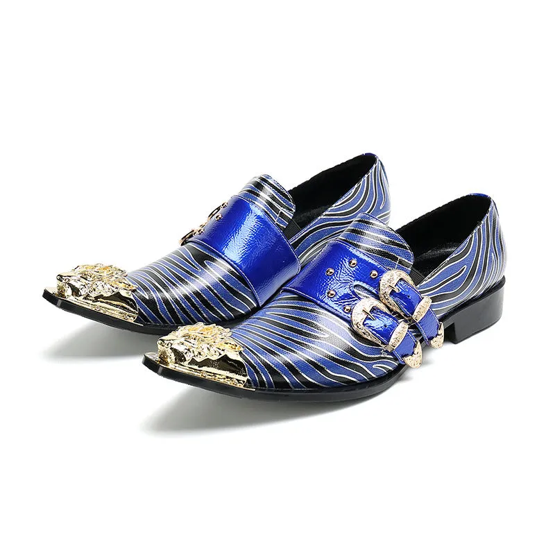 Business formal leather shoes, men's cowhide blue square toe Oxford shoes, gold glossy men's shoes, bright leather large size wedding shoes