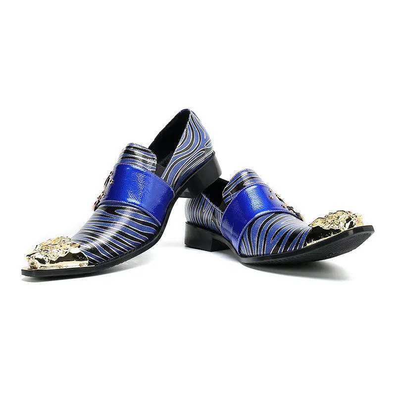 Business formal leather shoes, men's cowhide blue square toe Oxford shoes, gold glossy men's shoes, bright leather large size wedding shoes