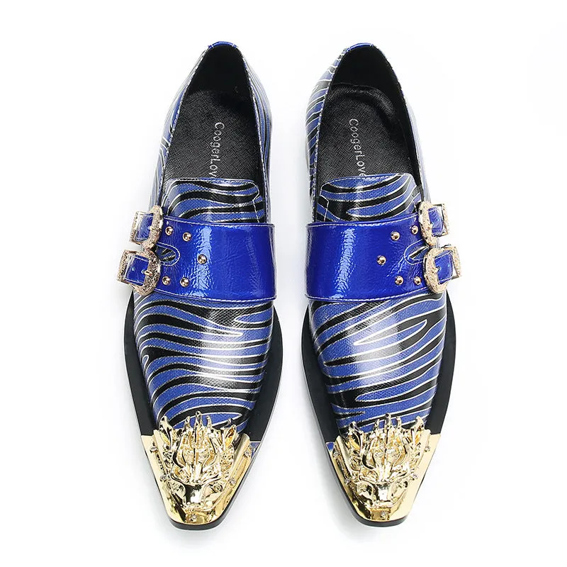 Business formal leather shoes, men's cowhide blue square toe Oxford shoes, gold glossy men's shoes, bright leather large size wedding shoes