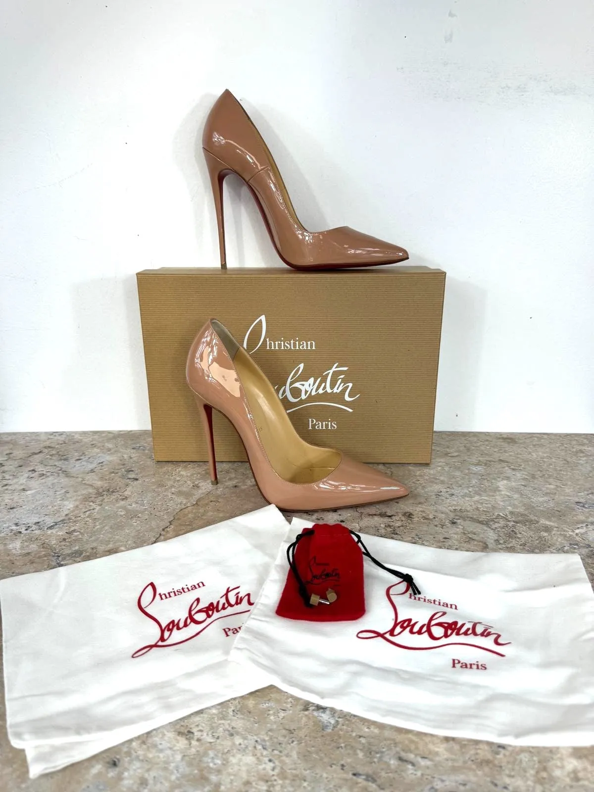 CHRISTIAN LOUBOUTIN SO KATE 120 PATENT CALF NUDE PUMPS