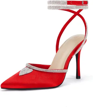 Coutgo Women's Rhinestone Heels Pointed Toe Lace Up Stilettos Ankle Buckle Strap Dress Party Wedding Pump Shoes