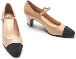 C.Paravano Mary Jane Pumps Women's Pumps Two Tone Almond Toe Block Heels Adjustable Strap Casual Pump Shoes (Beige,7)