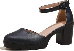 DADAWEN Women's Closed Toe Low Block Chunky Heels Round Toe Ankle Strap Wedding Work Dress Pump Shoes