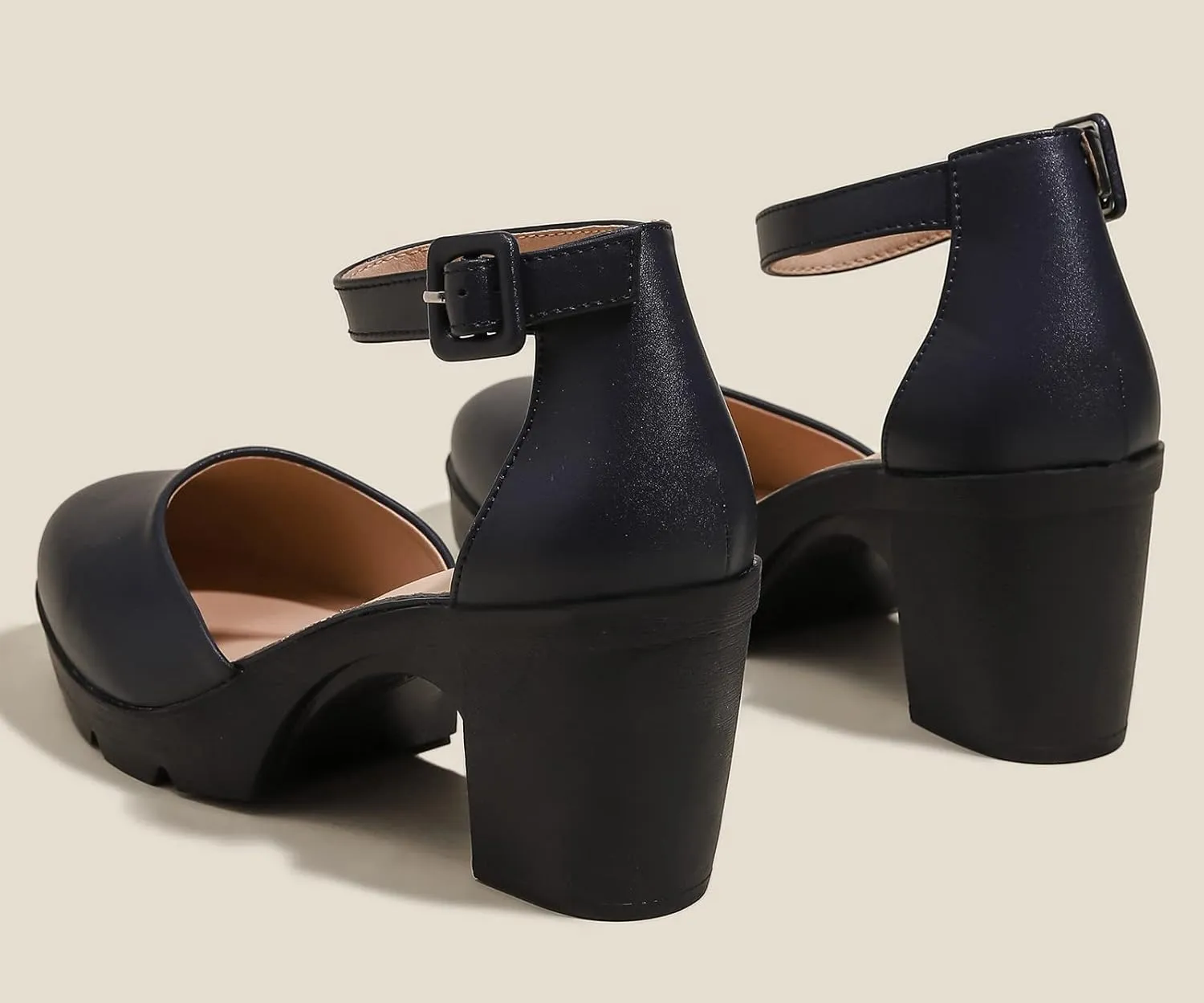 DADAWEN Women's Closed Toe Low Block Chunky Heels Round Toe Ankle Strap Wedding Work Dress Pump Shoes