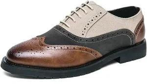 Dress Oxford for Men Lace Up Two Tone Patchwork Brogue Embossed PU Leather Rubber Sole Low Top Block Heel Slip Resistant Wedding(White Brown,11)