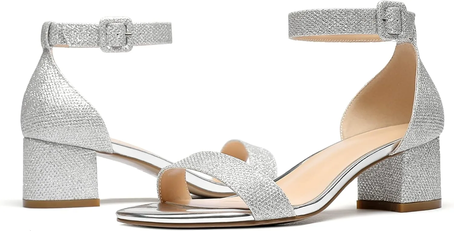 Eldof Women's Two Piece Sandals Chunky Mid Block Heel Open Toe Adjustable Ankle Strap 2.1 Inch Pump Heeled Sandals For Dress Wedding Ladies Shoes