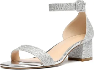 Eldof Women's Two Piece Sandals Chunky Mid Block Heel Open Toe Adjustable Ankle Strap 2.1 Inch Pump Heeled Sandals For Dress Wedding Ladies Shoes