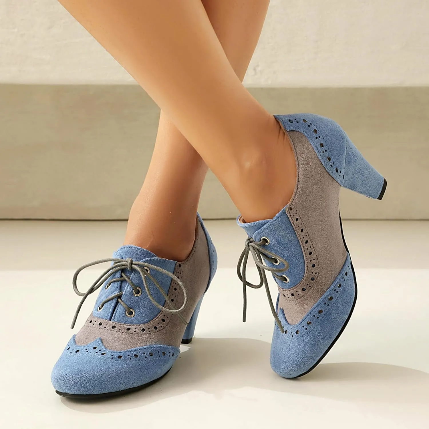 Elerhythm Women's Mary Jane 1920s Pump Heels Oxford Classic and Retro Lace Up Wingtip 1950s Vintage Round Closed Toe 1940s Shoes