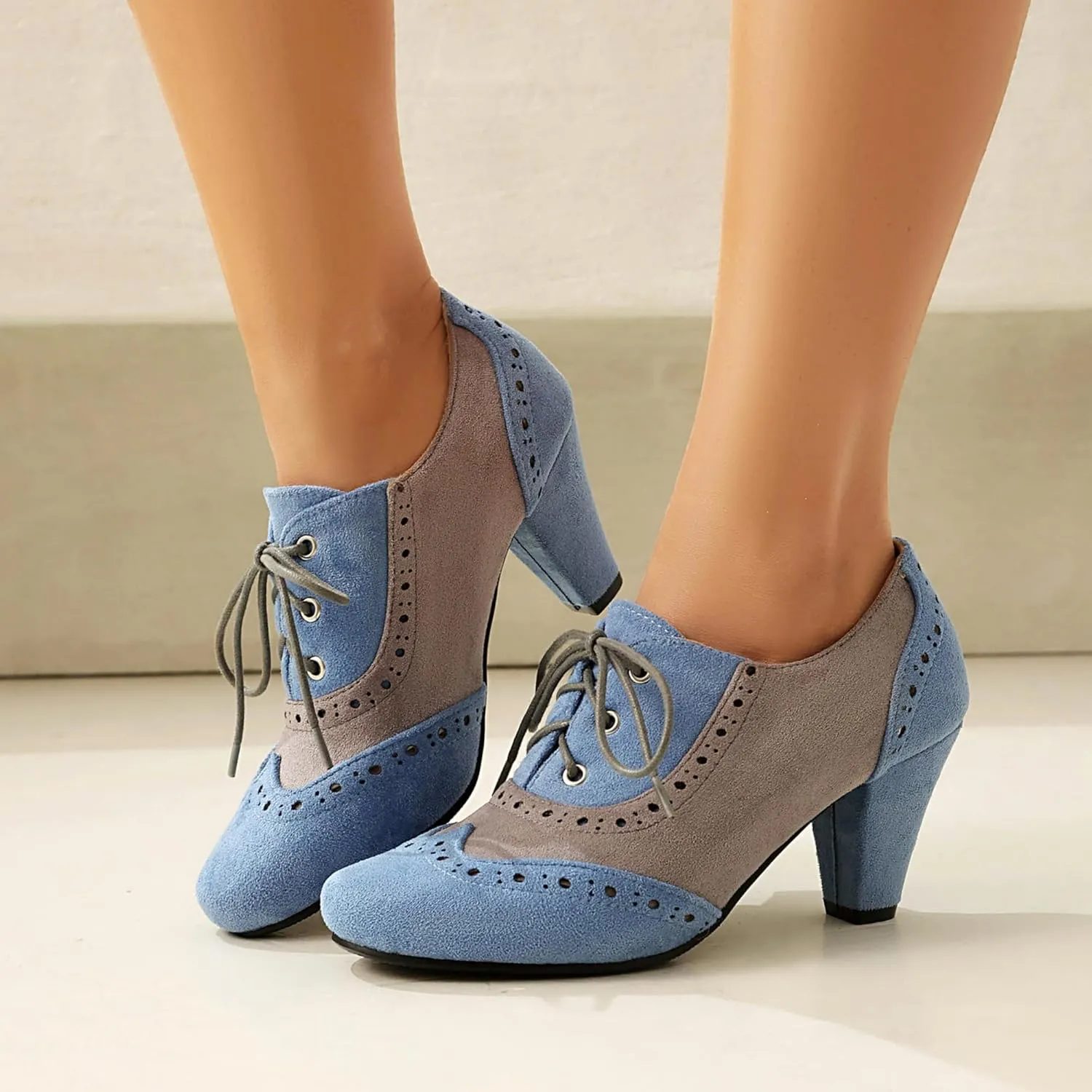 Elerhythm Women's Mary Jane 1920s Pump Heels Oxford Classic and Retro Lace Up Wingtip 1950s Vintage Round Closed Toe 1940s Shoes