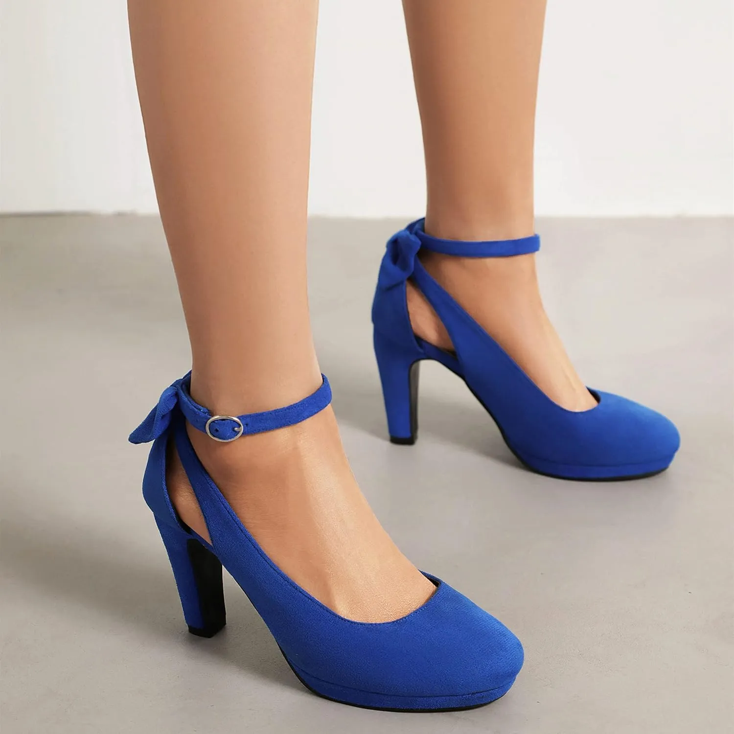 Elerhythm Women's Mary Jane Heels with Bow Retro Closed Round Toe Suede Ankle Strap Pumps Gatsby Vintage Sweet Office Daily Dress Shoes