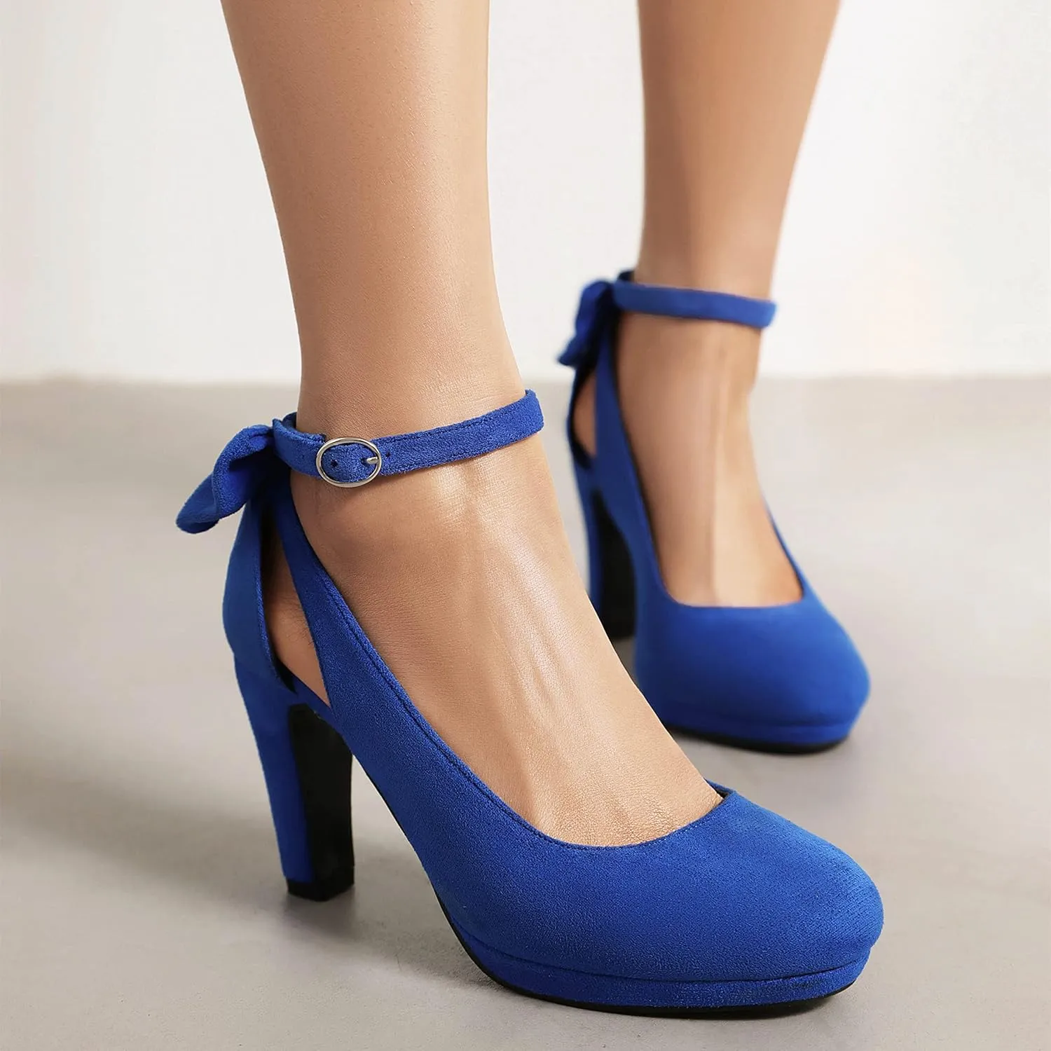 Elerhythm Women's Mary Jane Heels with Bow Retro Closed Round Toe Suede Ankle Strap Pumps Gatsby Vintage Sweet Office Daily Dress Shoes