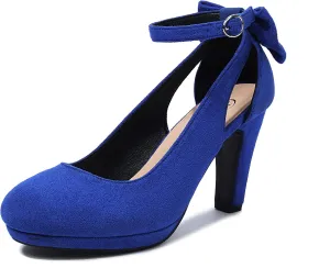 Elerhythm Women's Mary Jane Heels with Bow Retro Closed Round Toe Suede Ankle Strap Pumps Gatsby Vintage Sweet Office Daily Dress Shoes