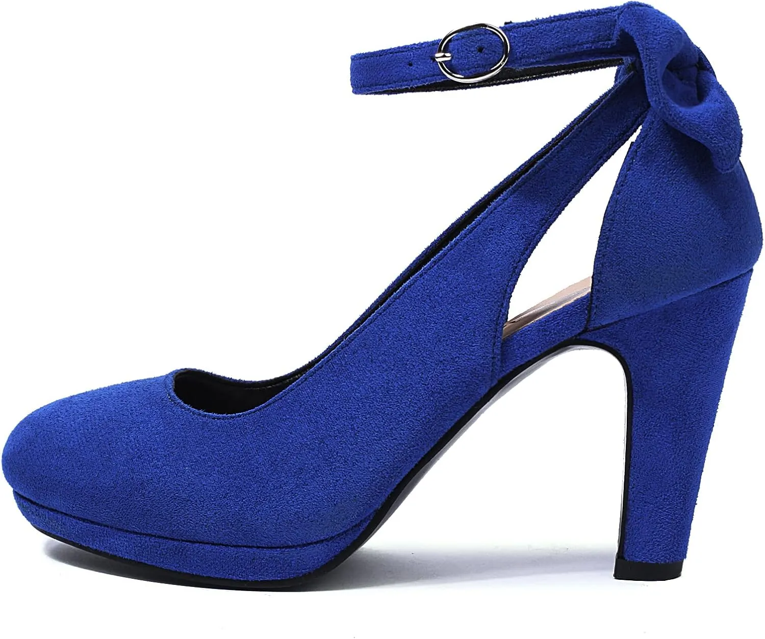 Elerhythm Women's Mary Jane Heels with Bow Retro Closed Round Toe Suede Ankle Strap Pumps Gatsby Vintage Sweet Office Daily Dress Shoes