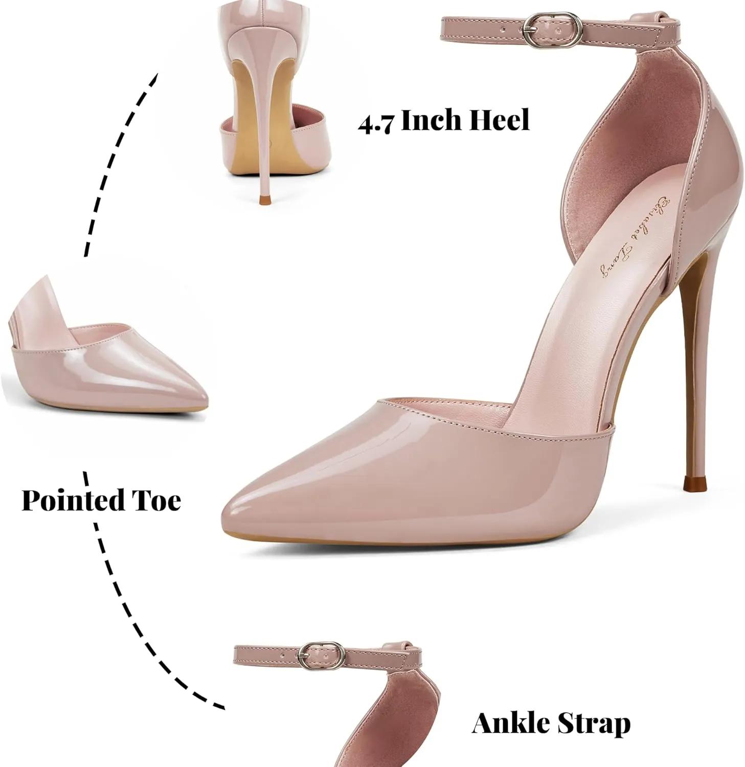 Elisabet Tang High Heels, Women Pumps D'Orsay Ankle Strap Pointed Toe Stiletto Heels Party Wedding Shoes