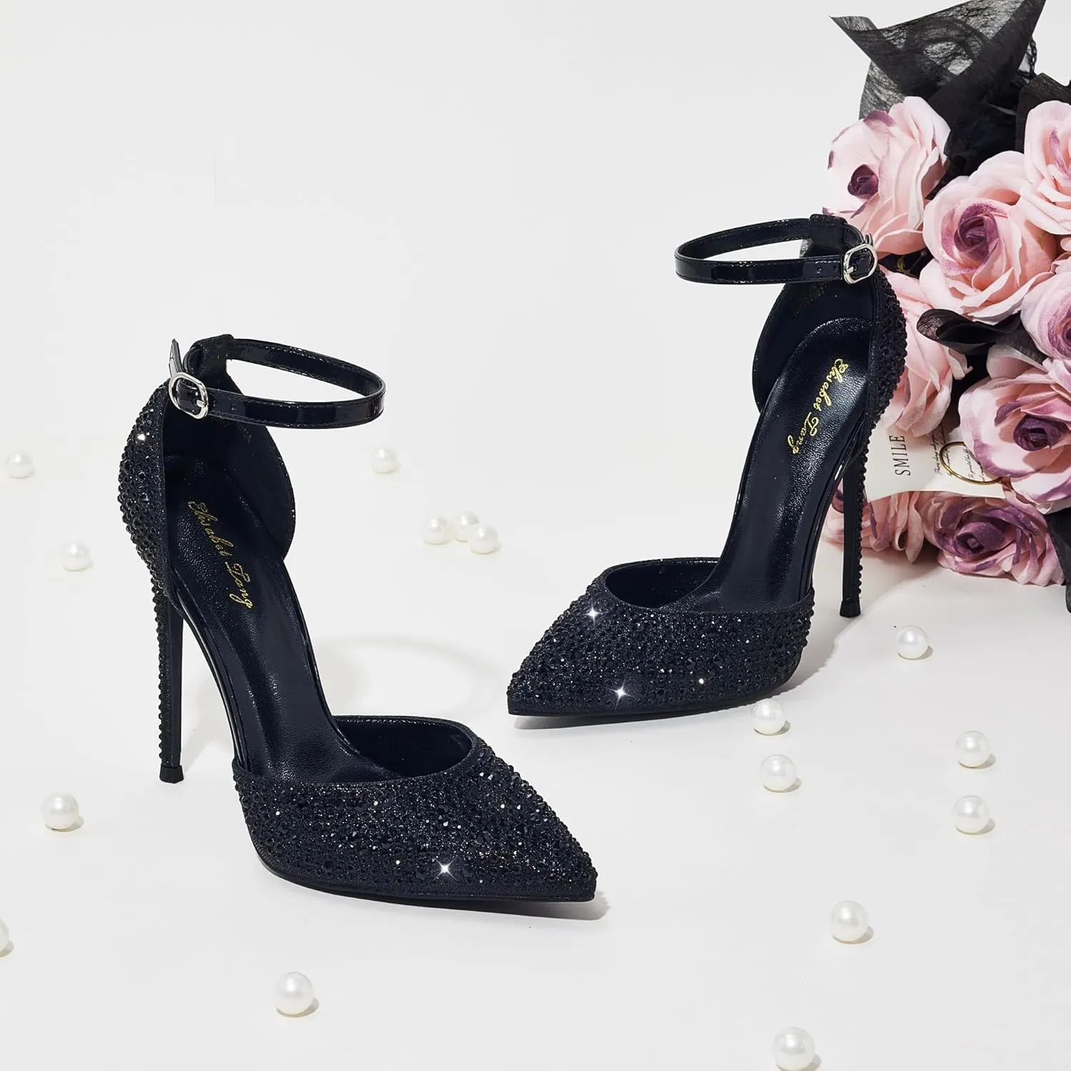Elisabet Tang High Heels, Women Pumps D'Orsay Ankle Strap Pointed Toe Stiletto Heels Rhinestone Party Wedding Shoes