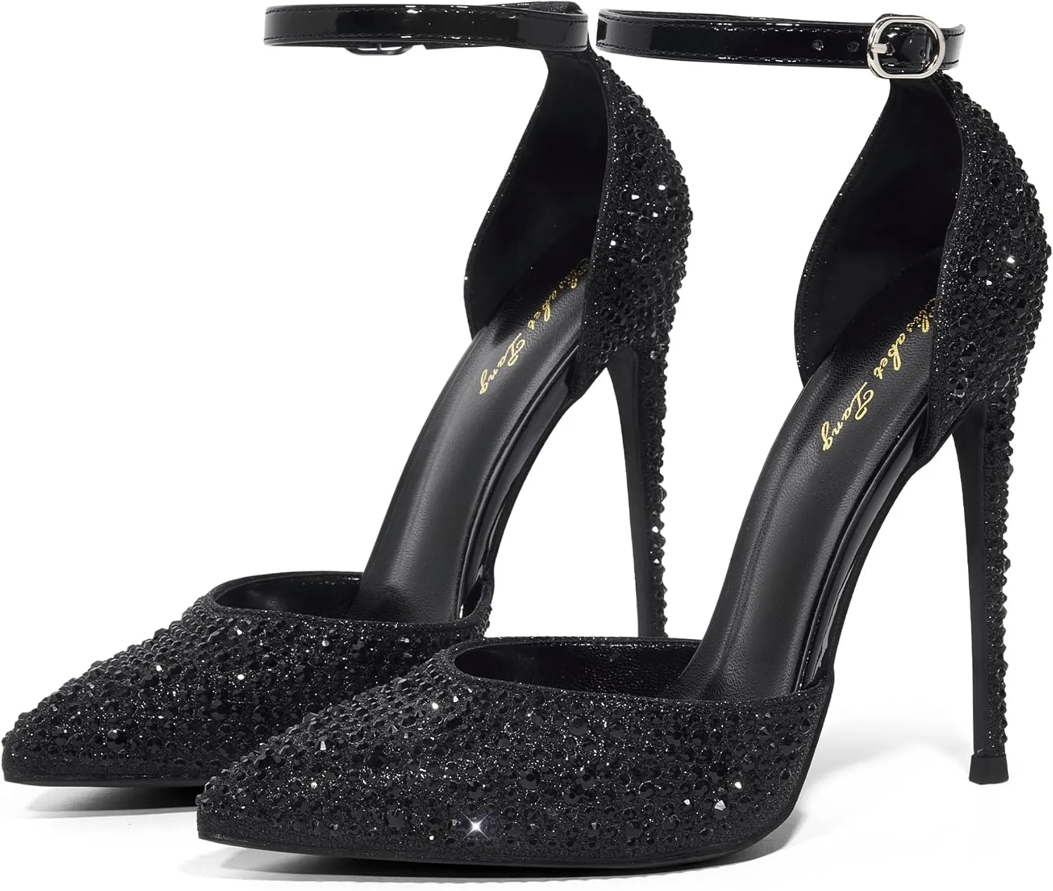 Elisabet Tang High Heels, Women Pumps D'Orsay Ankle Strap Pointed Toe Stiletto Heels Rhinestone Party Wedding Shoes