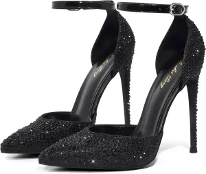 Elisabet Tang High Heels, Women Pumps D'Orsay Ankle Strap Pointed Toe Stiletto Heels Rhinestone Party Wedding Shoes